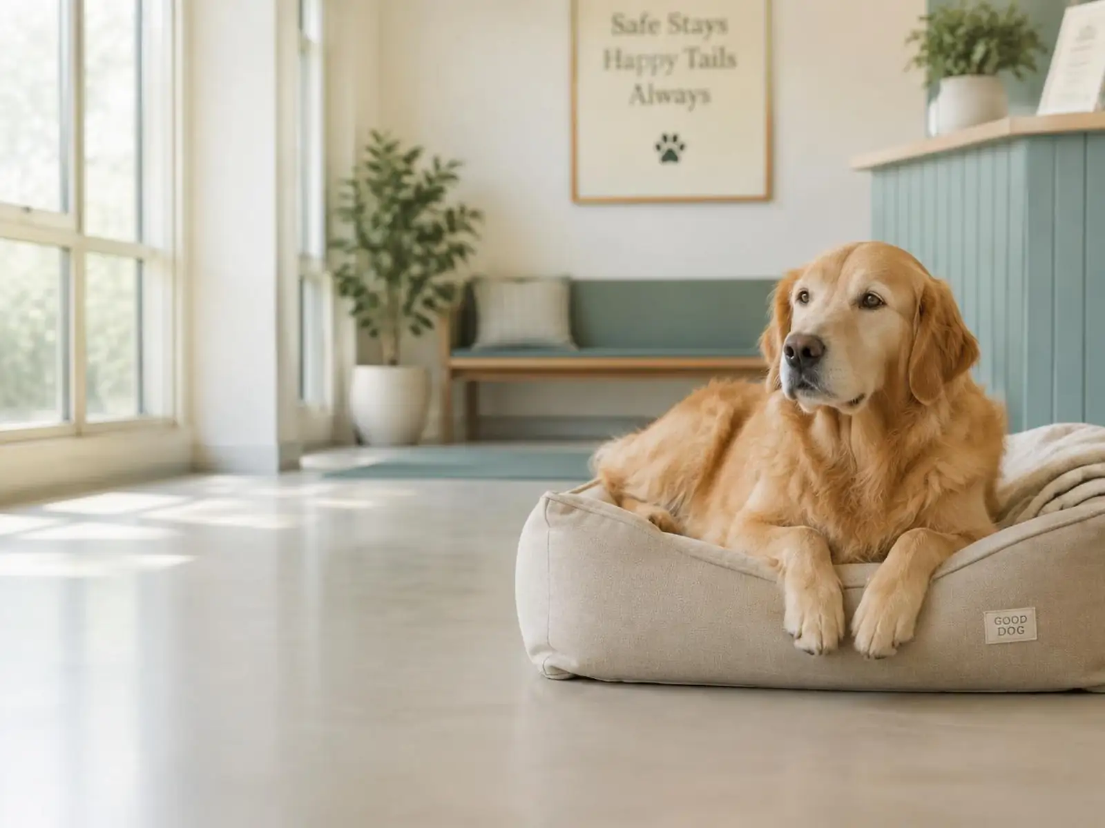 A golden retriever in a boarding facility